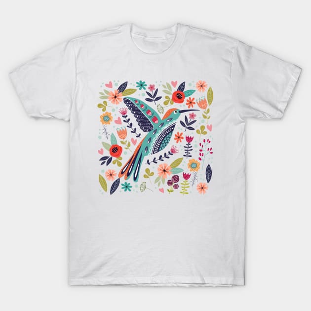 hand drawn bird colorful floral T-Shirt by Mako Design 